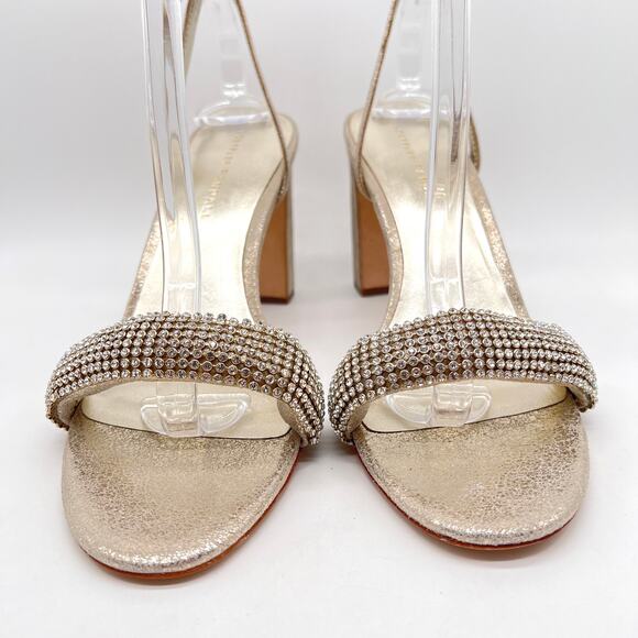 LOEFFLER RANDAL Shay Rhinestone Ankle Strap Sandal Women 9.5 Gold Silver Leather - Picture 2 of 11